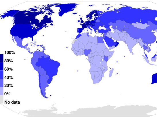 Internet users in 2010 as a percentage of a country's population, Wikipedia/International Telecommunications Union