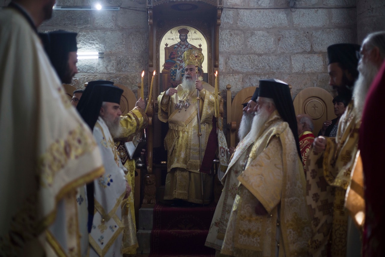 The Patriarch of the Greek Orthodox Church of Jerusalem, Theophilos III, leads a ceremony in Lod, Israel, 16 November 2017, AP Photo/Ariel Schalit