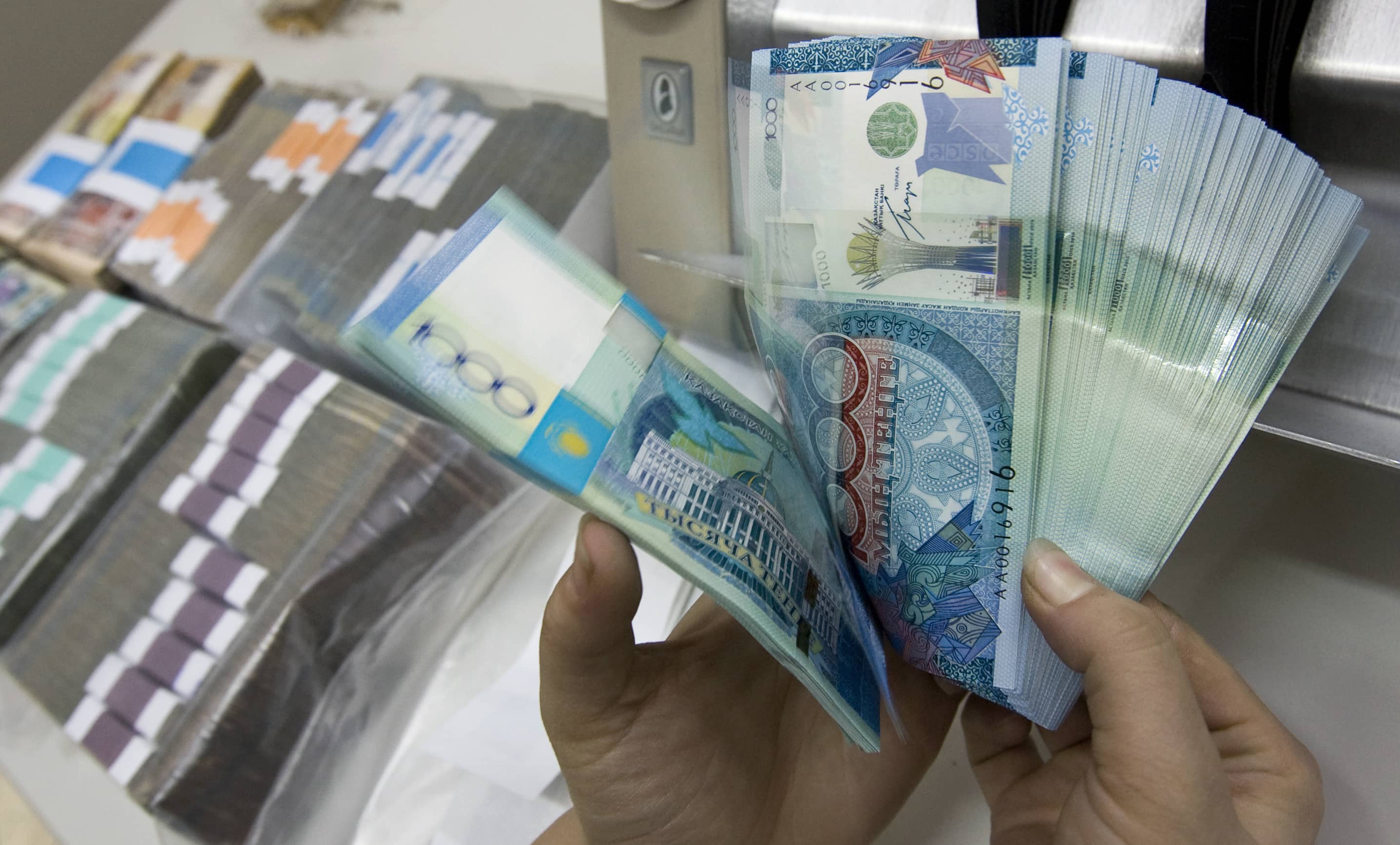 A cashier counts Kazakhstan's Tenge currency notes in a Kazkommertsbank branch in Almaty, 4 February 2010., REUTERS/Shamil Zhumatov