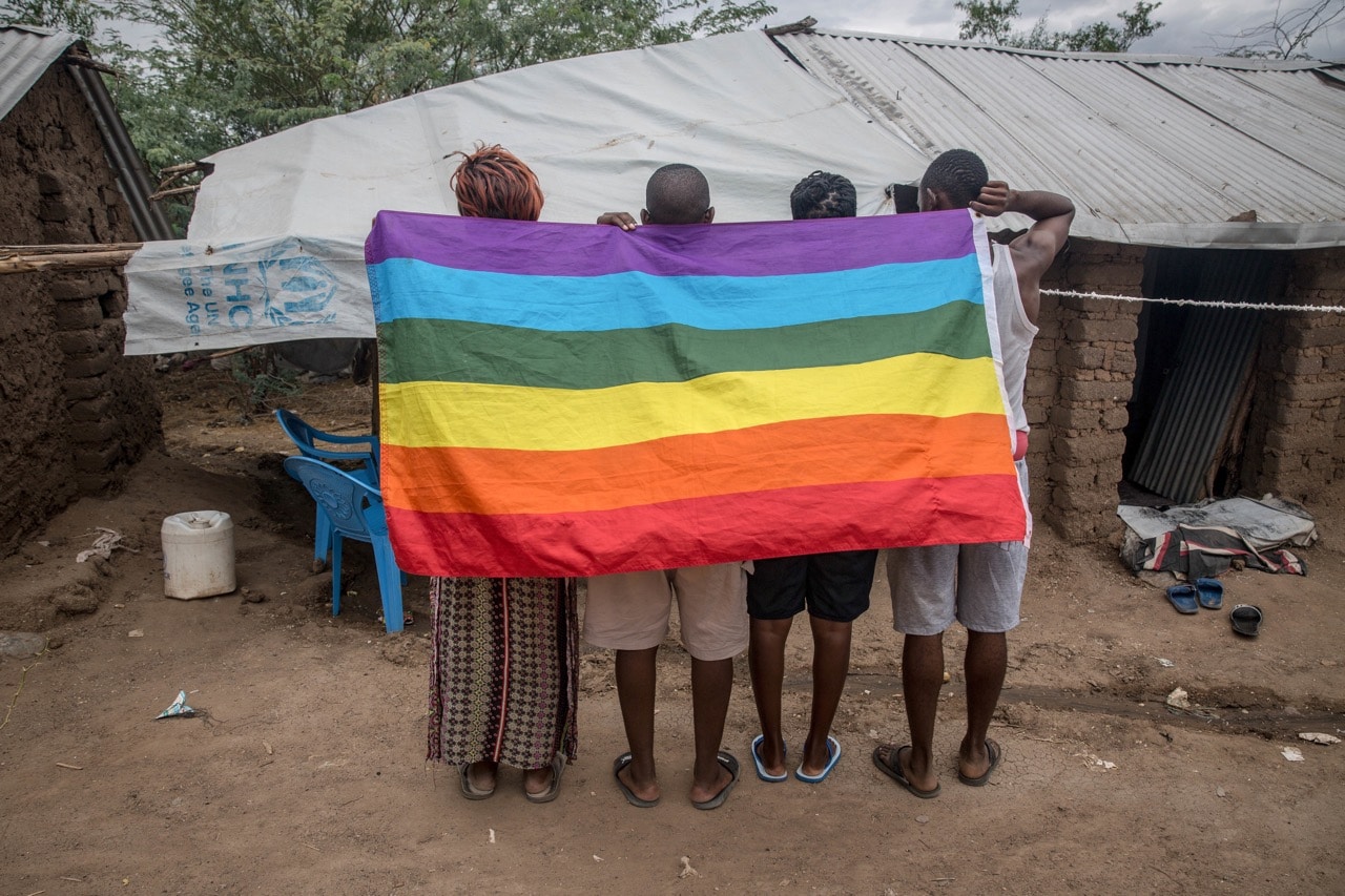 Ugandan LGBT refugees pose in a protected section of Kakuma refugee camp in northwest Kenya, 14 October 2018, Sally Hayden/SOPA Images/LightRocket via Getty Images