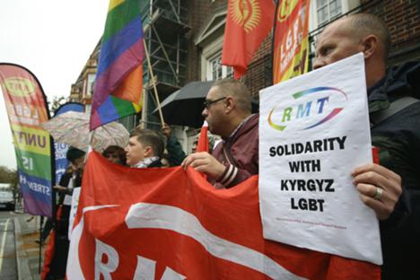 Protestors attend a demonstration for LGBT rights in Kyrgyzstan, at the Kyrgyz embassy in London, U.K., November 2014, G_for_Gemma/Flickr/http://bit.ly/1jLaq0w