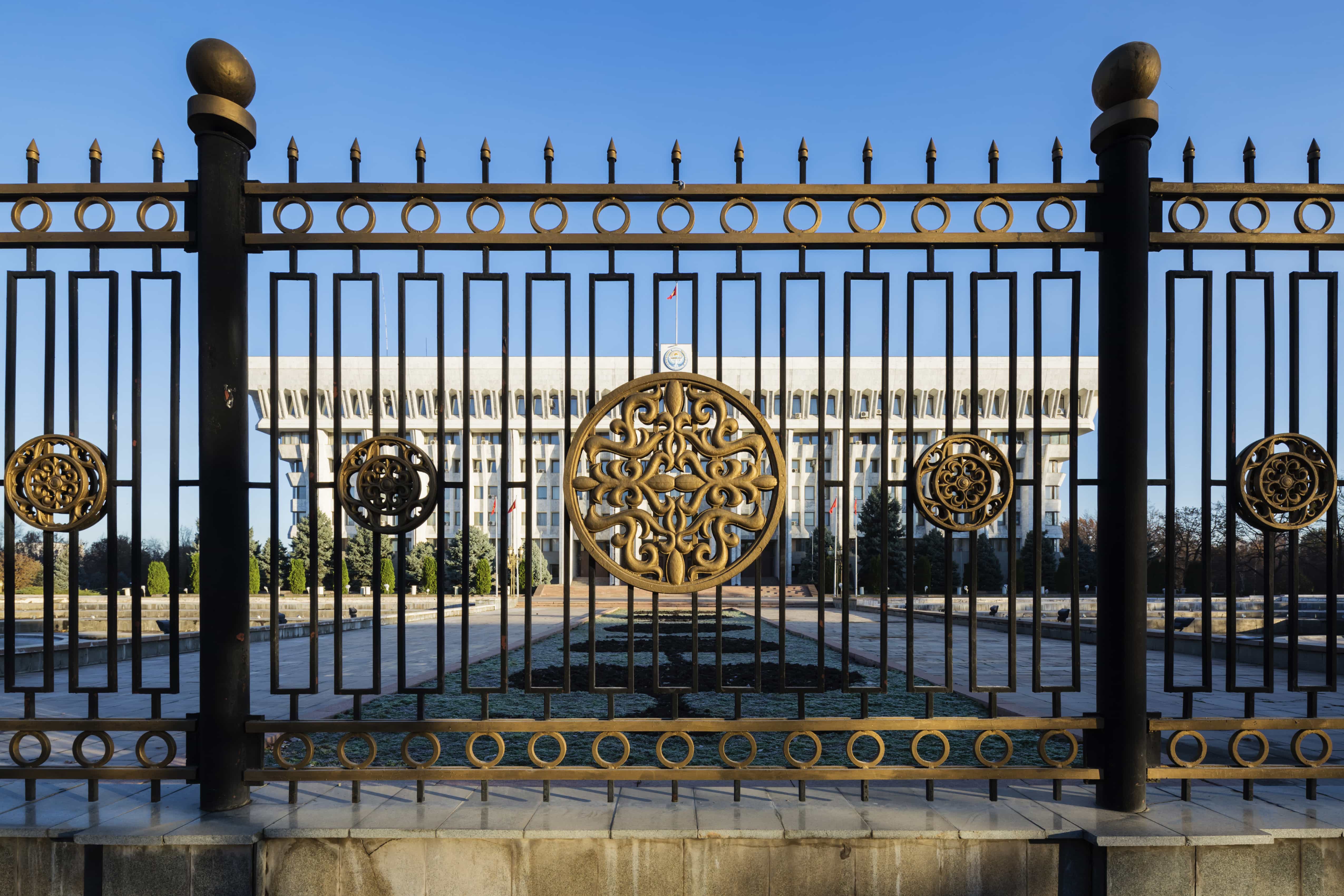 Gate in front of the Kyrgyz parliament building, Jeremy Woodhouse, Getty Images.