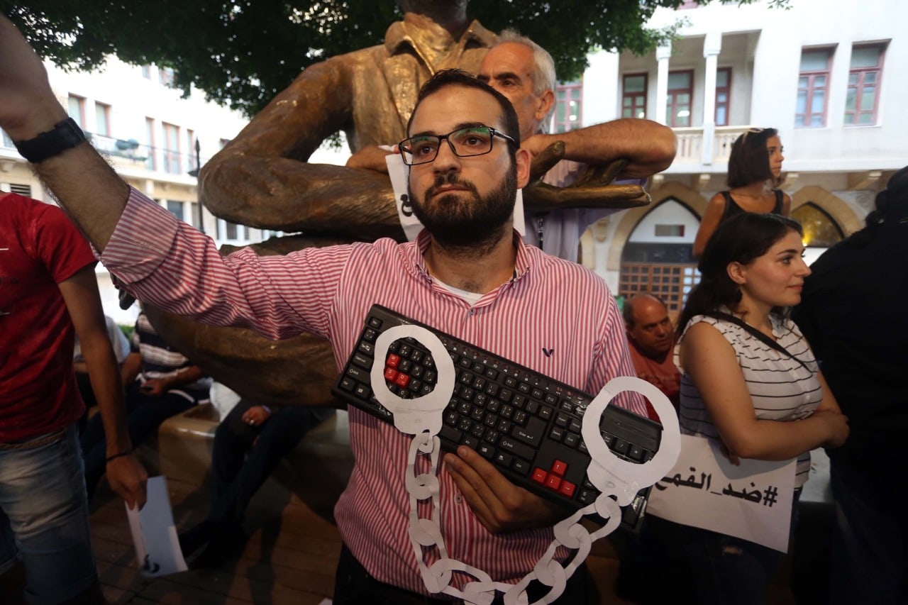 People protest the taking into custody of those who post political content on social media, at Samir Kassir Square in Beirut, Lebanon, 24 July 2018, Wassim Samih Seifeddine/Anadolu Agency/Getty Images