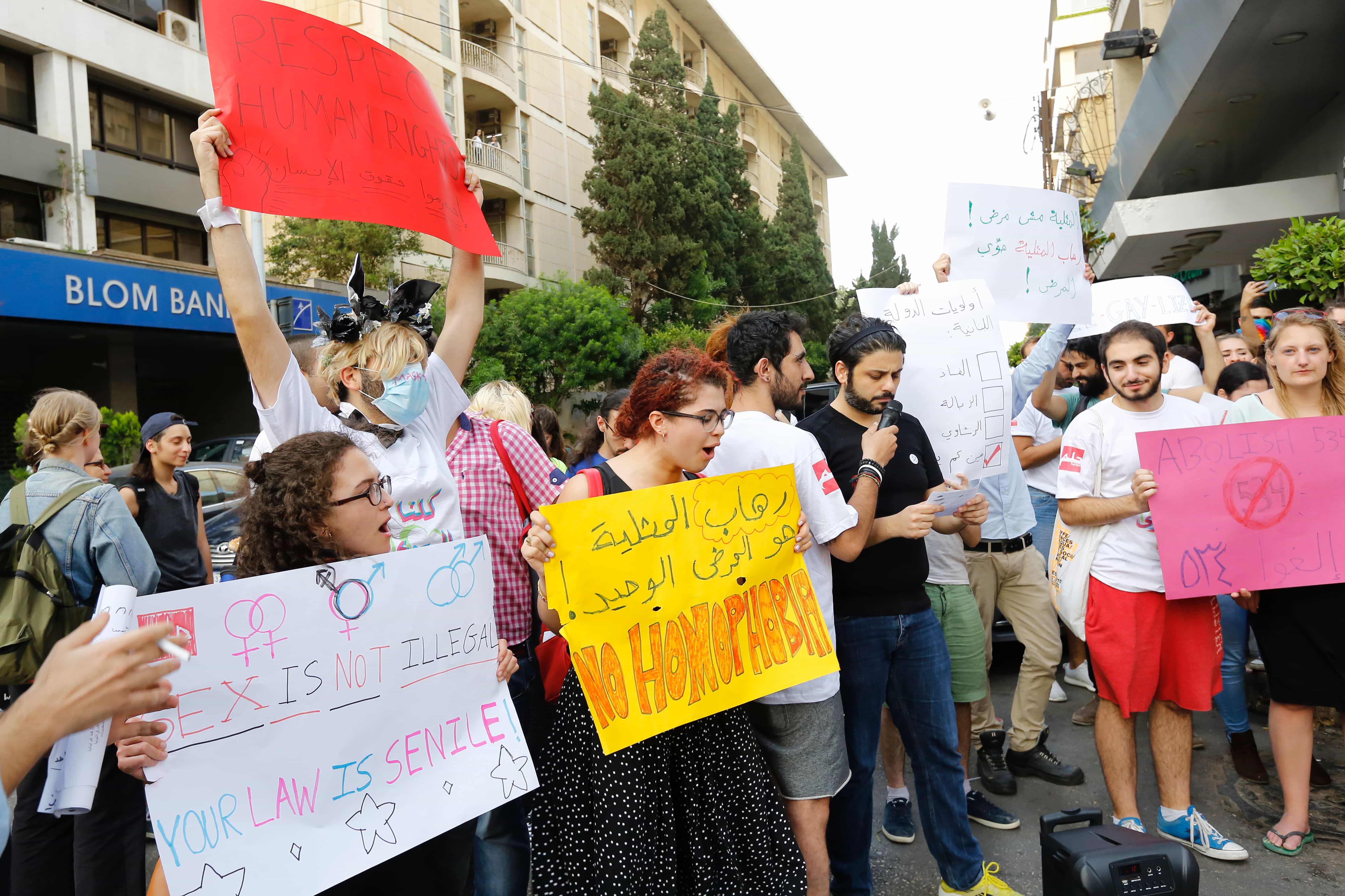 Lgbtqi+ activists protest the arrest of transexual woman and demand  abolishment of article 534 of the Lebanese Penal code, which prohibits having sexual relations that 'contradict the laws of nature', Beirut, Lebanon, 2016, ANWAR AMRO/AFP/Getty Images