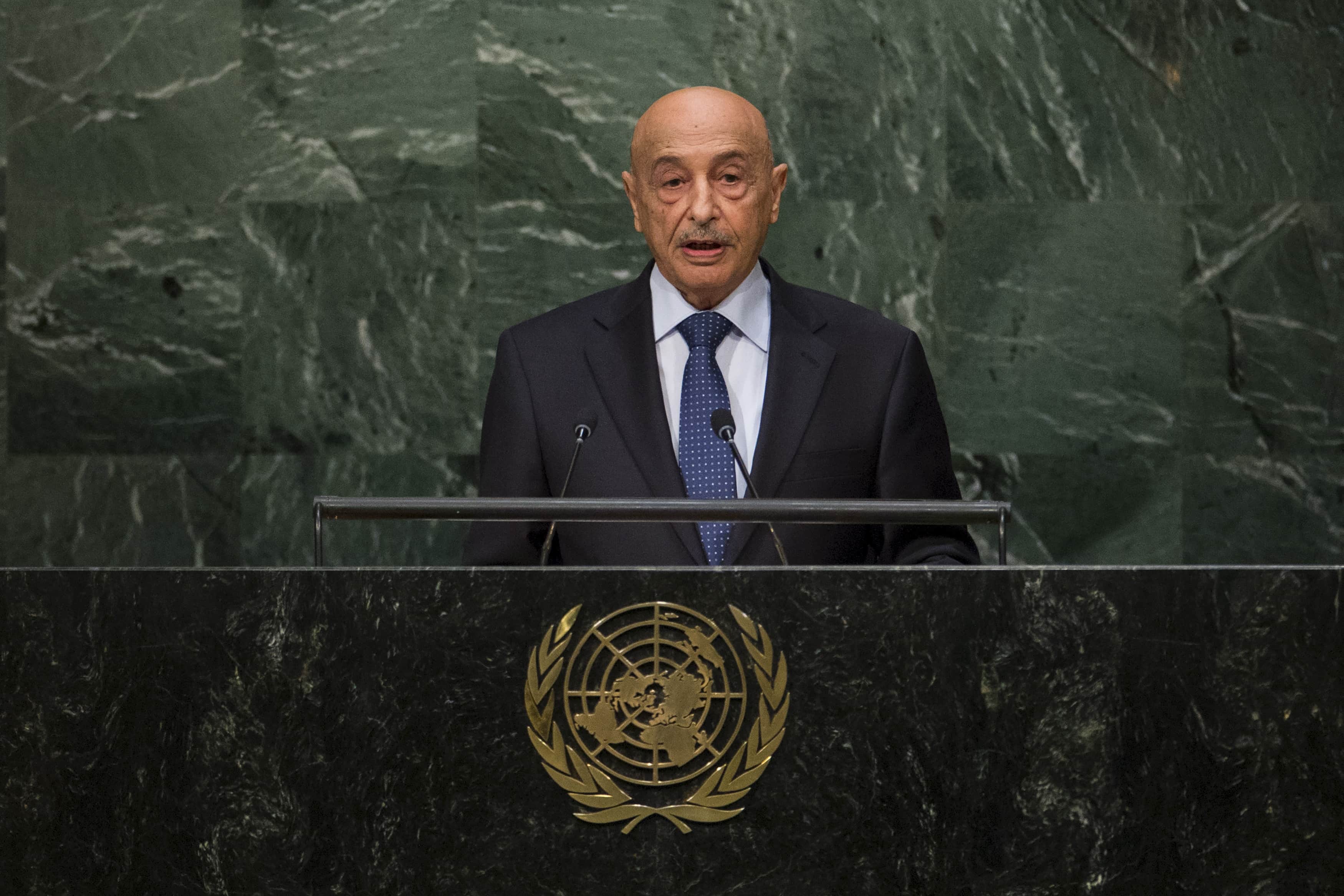 Libya's acting head of state Agila Saleh Essa Gwaider addresses attendees during the 70th session of the United Nations General Assembly at the U.N. Headquarters in New York, September 30, 2015., REUTERS/Eduardo Munoz