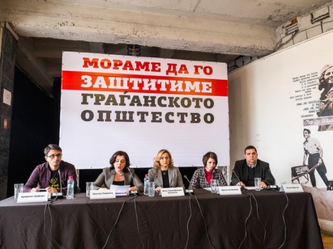 Civil society representatives hold a press conference in Skopje, 9 February 2017. The sign behind them reads, "We Must Protect Civil Society", Vančo Džambaski via Flickr (CC BY-NC-SA 2.0)
