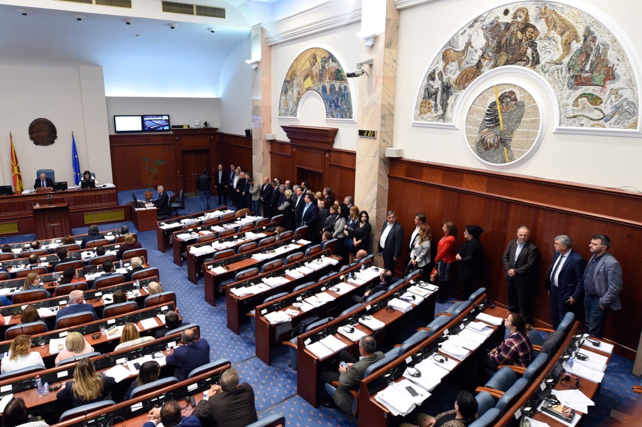 A group of VMRO-DPMNE members stand to boycott the vote as the Macedonian parliament passes constitutional changes to allow the country to change its name to the Republic of North Macedonia, in Skopje, 19 October 2018, REUTERS/Tomislav Georgiev