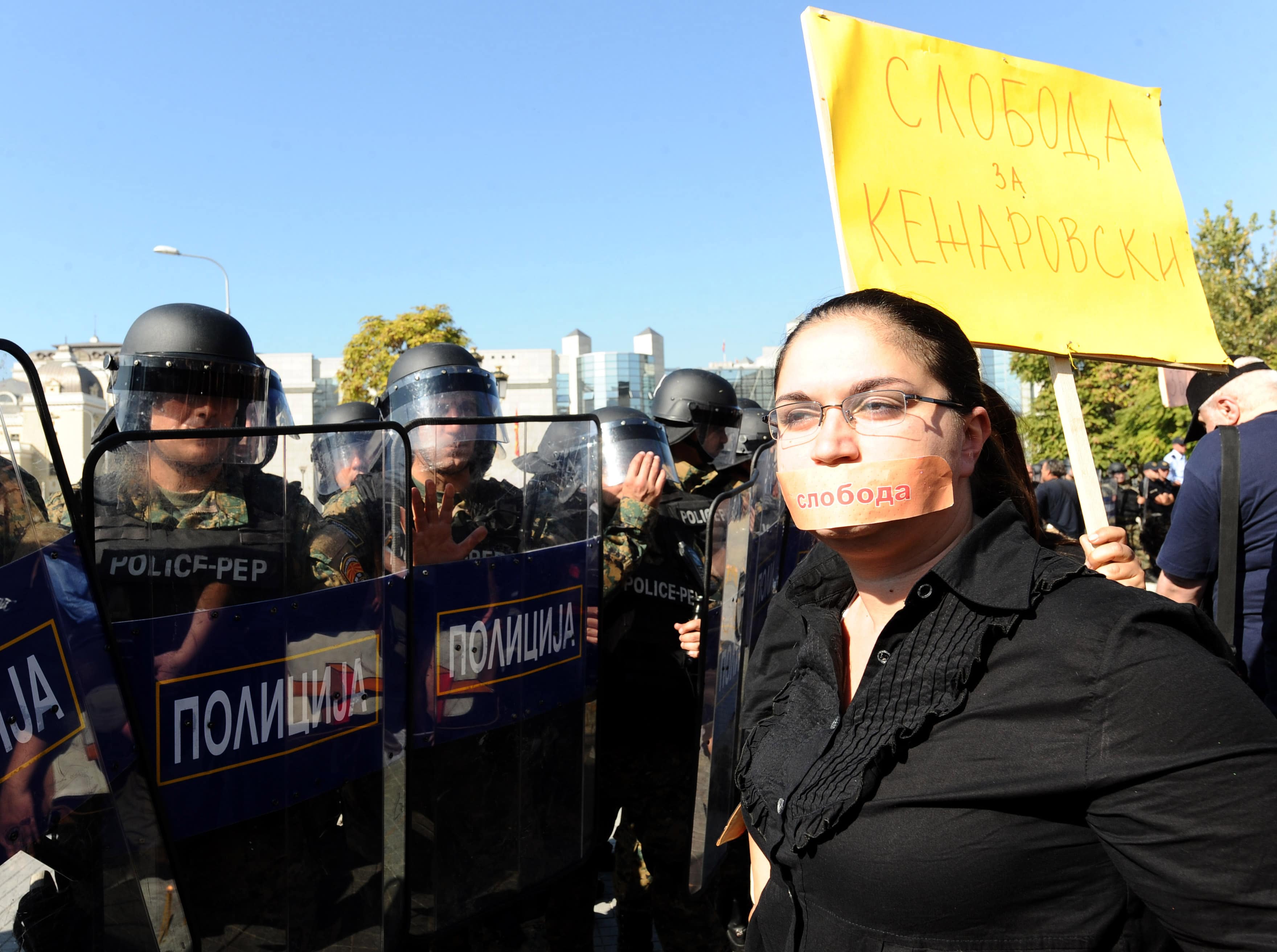 Macedonian journalists protested on 23 October 2013 against a court's decision to sentence Tomislav Kezarovski, an investigative journalist, to four and half years in prison., AP Photo/Dragan Perkovski