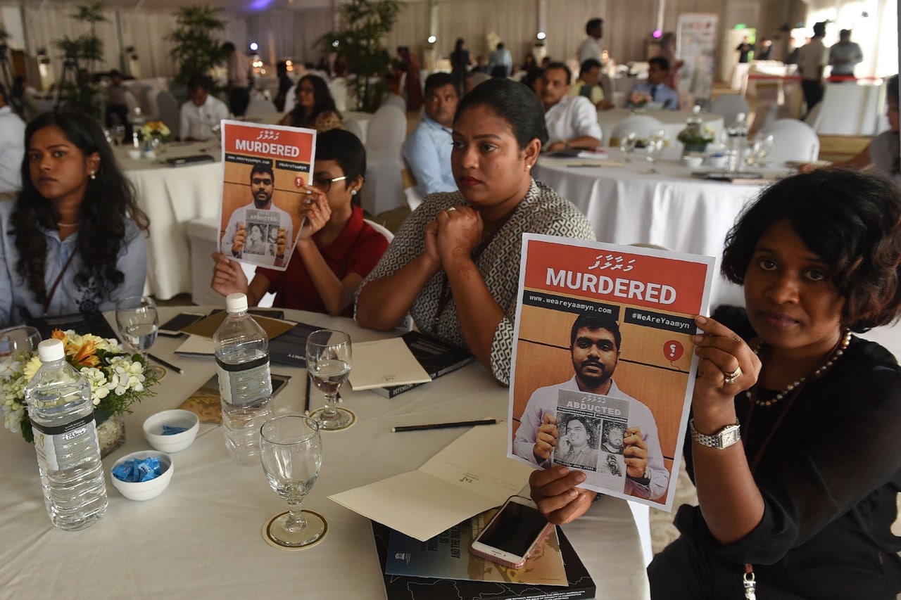 Maldives journalists take part in a demonstration against the murder of blogger Yameen Rasheed at the opening of a seminar on the safety of journalists in Colombo, 4 December 2017, ISHARA S. KODIKARA/AFP/Getty Images