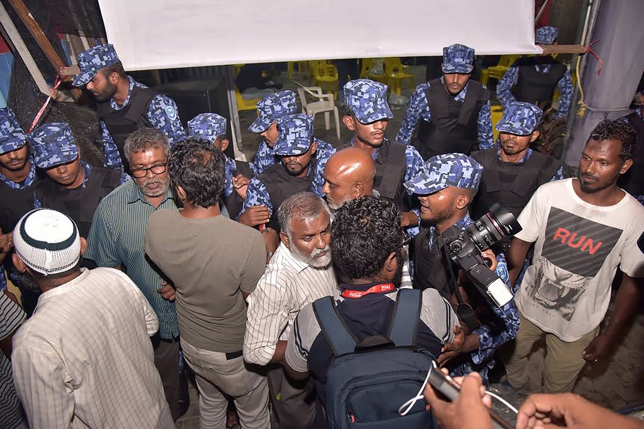 On 2 February 2018, police forcibly enter the main opposition Maldivian Democratic Party (MDP) camp near the capital Male, to break up a group of opposition supporters gathered to celebrate a Supreme Court decision on the release of jailed political leaders, AFP/Getty Images