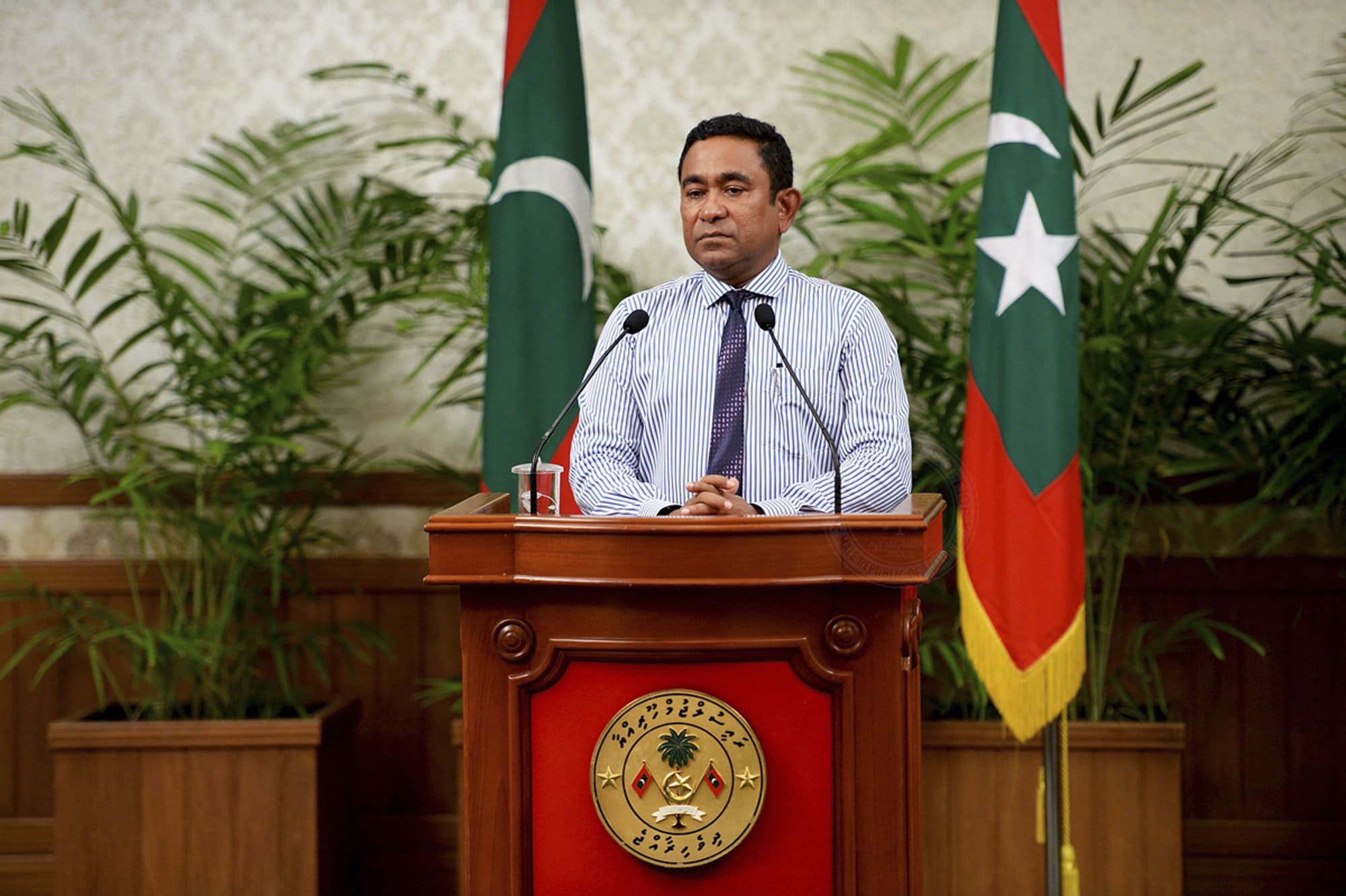 This 25 October 2015 photograph released by Maldives President office shows President Yameen Abdul Gayoom appealing for calm after his deputy was arrested on suspicion of treason, Maldives President's Office via AP