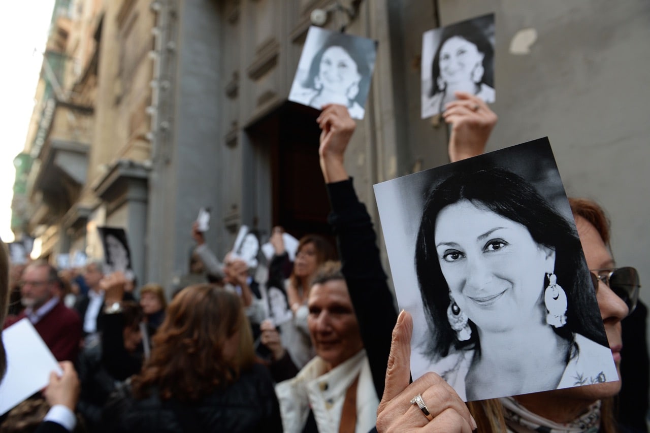 People leave the church of St Francis, after the Archbishop of Malta celebrated mass in memory of murdered journalist Daphne Caruana Galizia on the sixth month anniversary of her death in Valletta, 16 April 2018, MATTHEW MIRABELLI/AFP/Getty Images