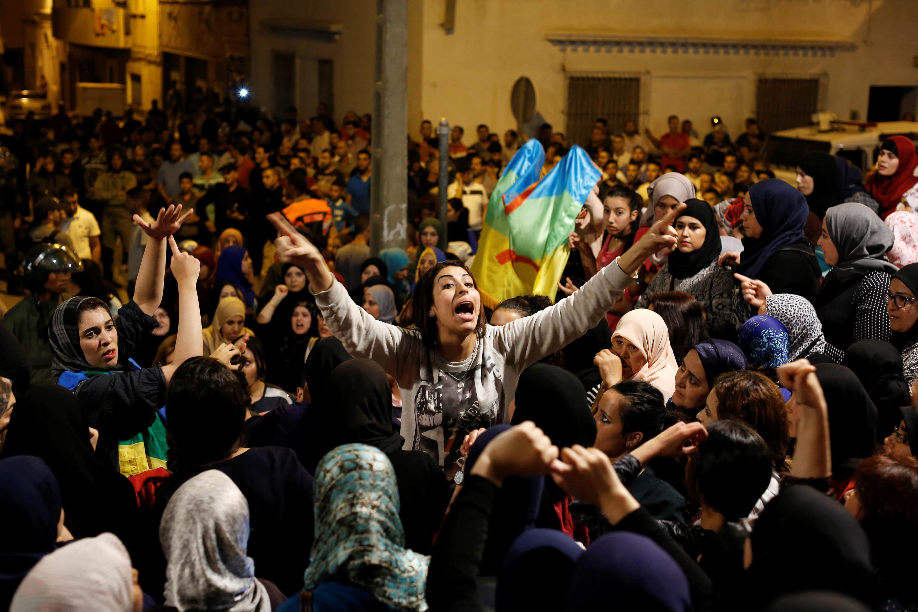 Women shout during a protest against official abuses and corruption in the town of Al-Hoceima, in northern Morocco's Rif region, 3 June 2017