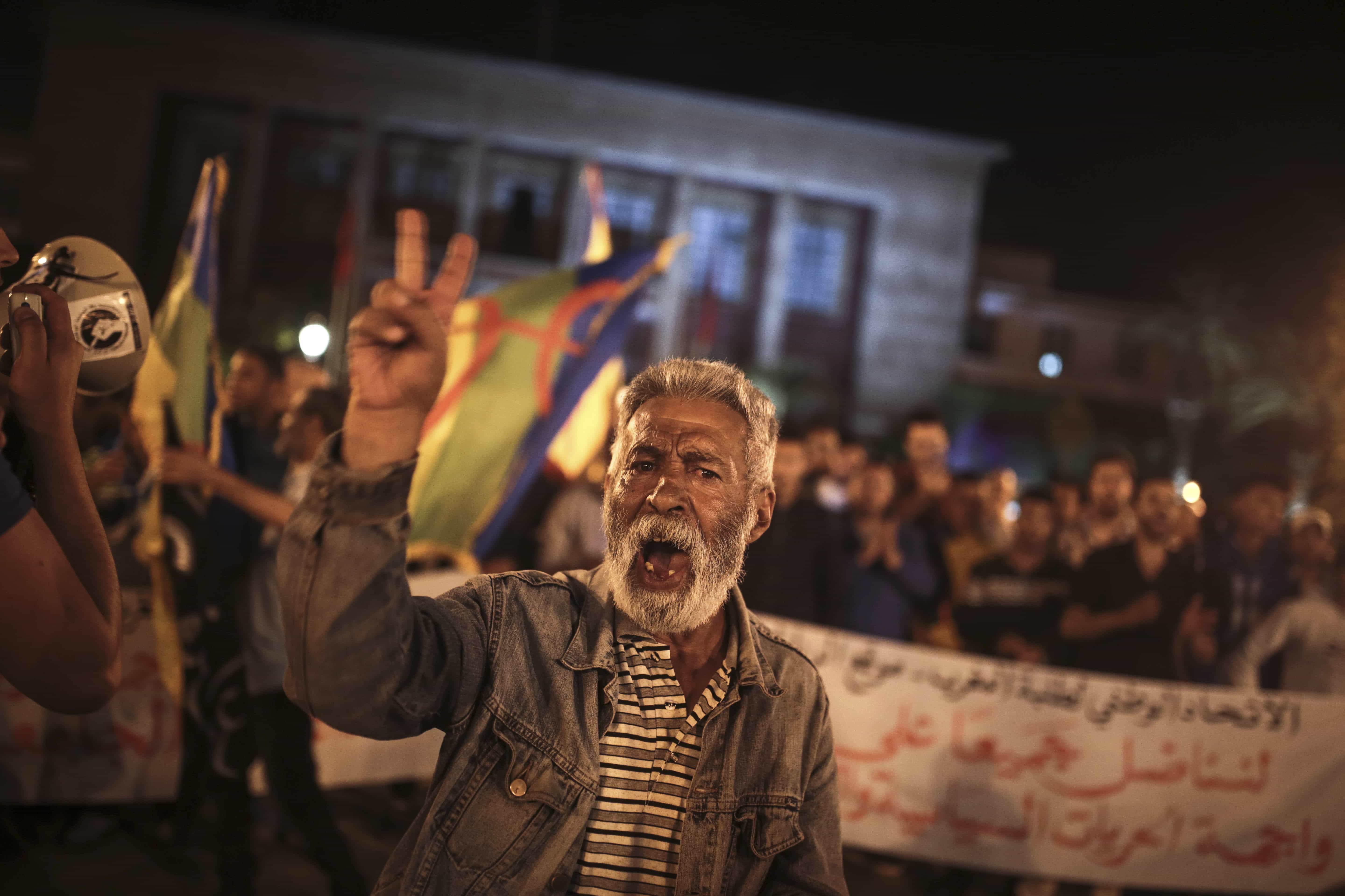 A man gestures during a demonstration in support of ongoing anti-government protests taking place in the northern Rif region, in Rabat, Morocco, 29 May 2017, AP Photo/Mosa'ab Elshamy