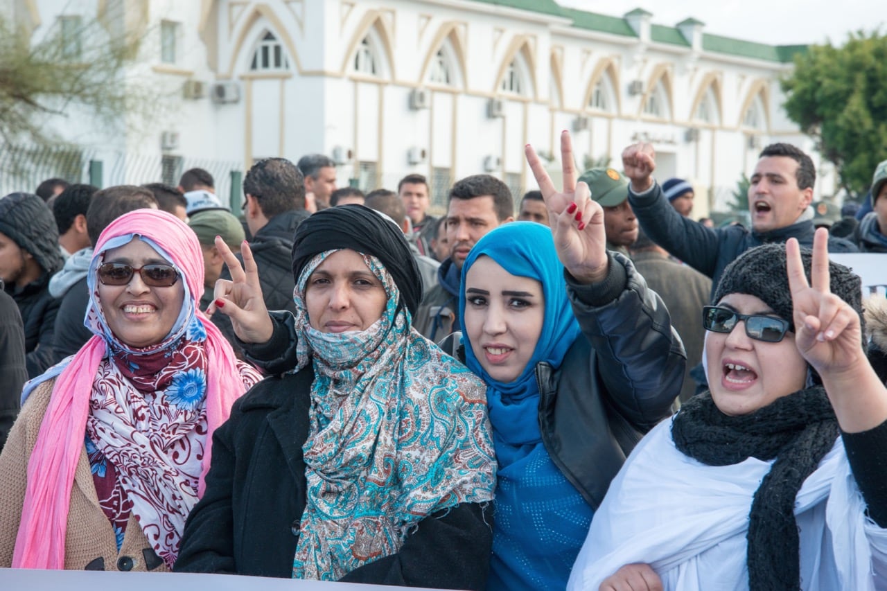 Demonstrators demanding the release of their relatives protest outside of a court while a trial of Sahrawis of the Gdeim Izik group takes place in Sale, Morocco, 23 January 2017, Jalal Morchidi/Anadolu Agency/Getty Images