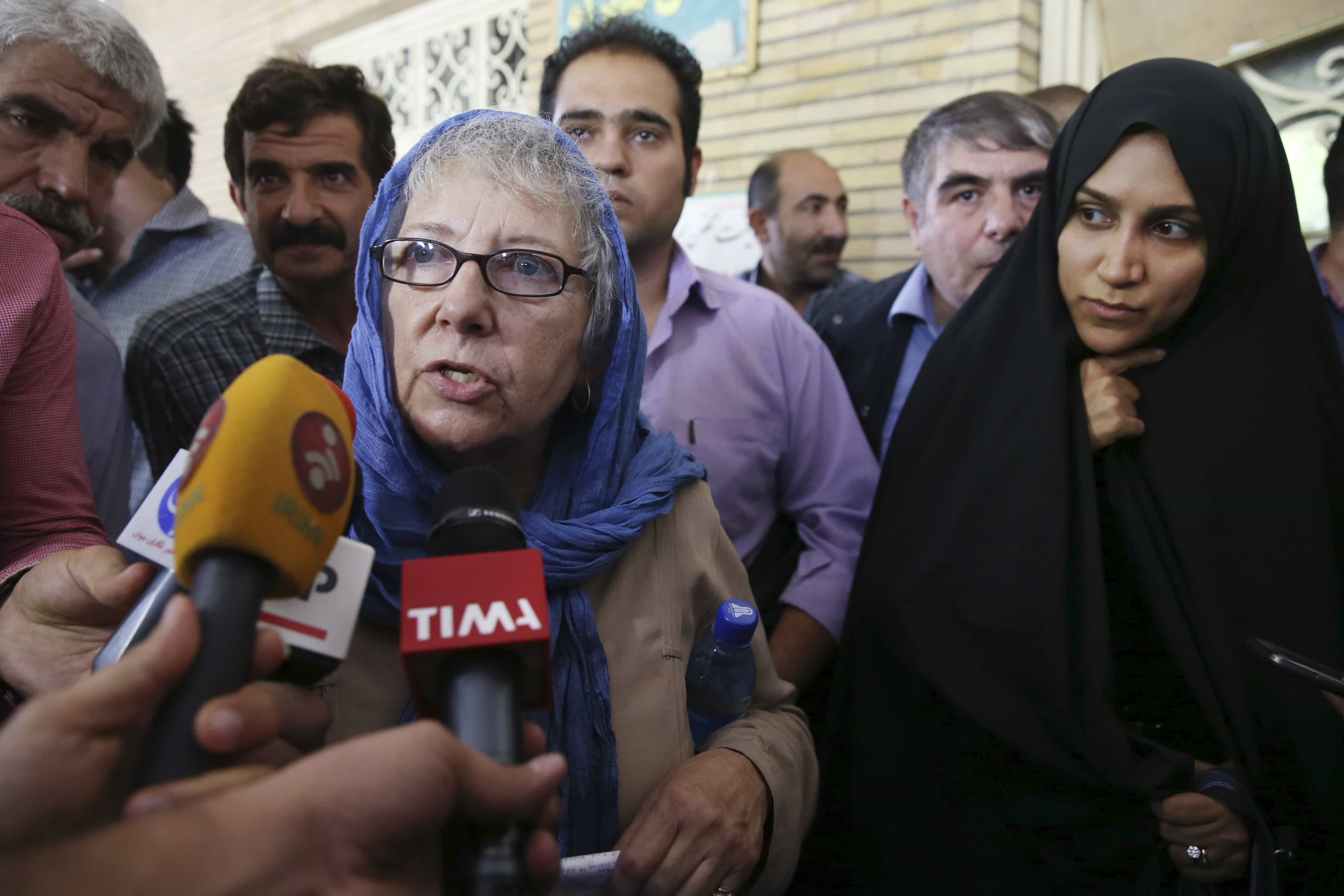 Mary Rezaian, mother of detained Washington Post correspondent Jason Rezaian, speaks with media as she leaves a Revolutionary Court building in Tehran on 10 August 2015, AP Photo/Vahid Salemi