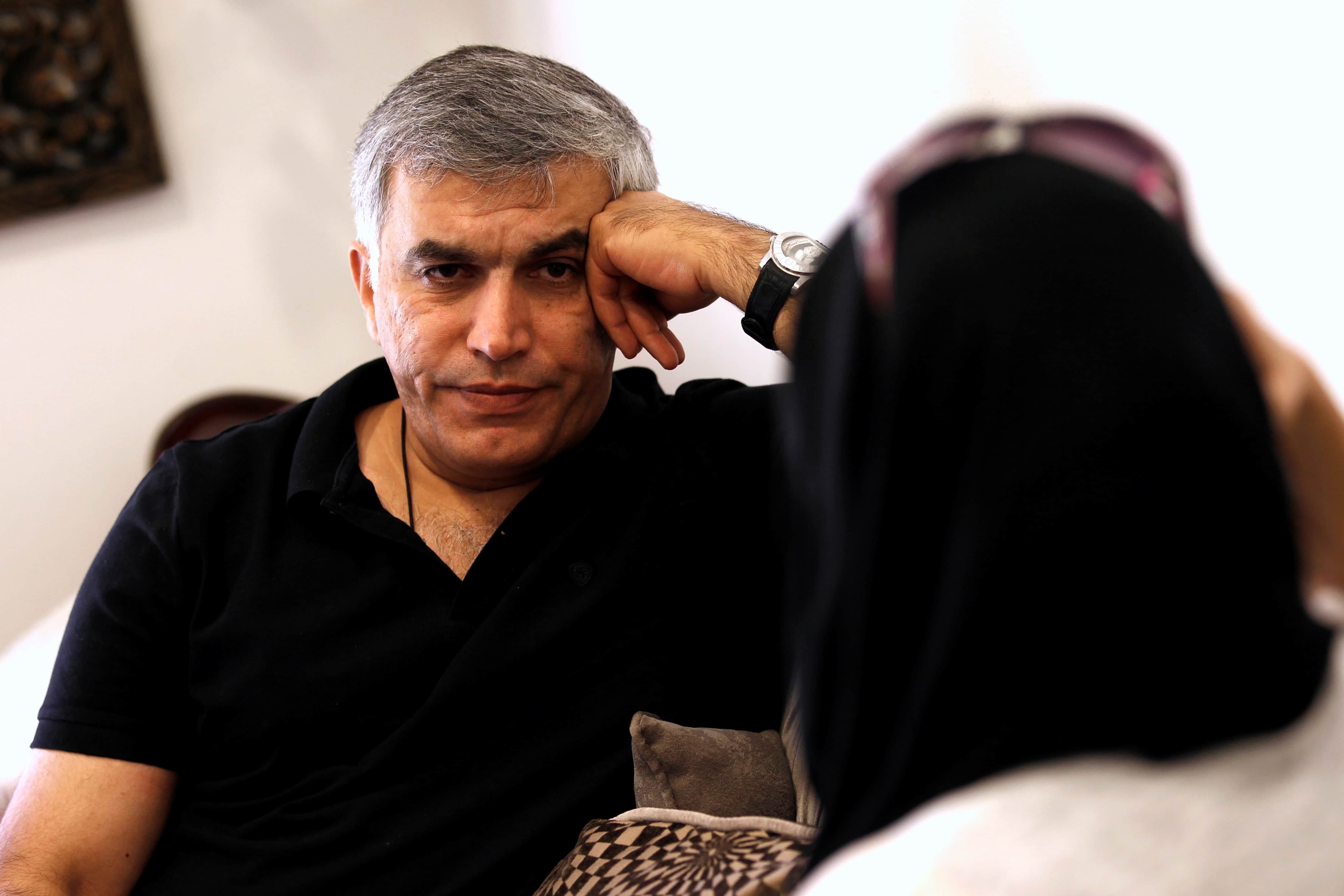 Human rights activists, Zainab al-Khawaja and Nabeel Rajab (L) talk during their meeting with activists after al-Khawaja's release from prison, Manama, Bahrain, June 3, 2016, REUTERS/Hamad I Mohammed