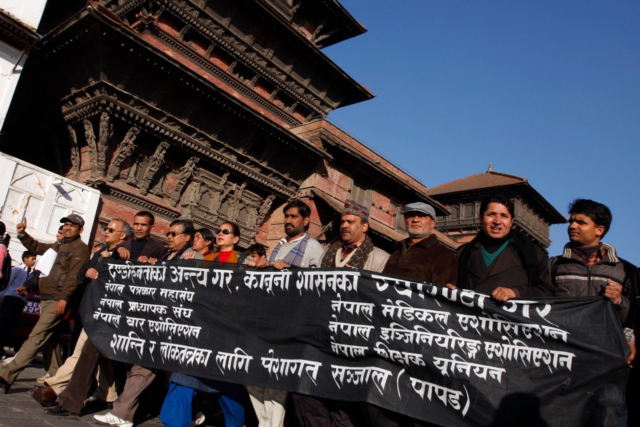 On 18 January 2009, journalists and others march in the streets of Kathmandu to protest the killing of journalist Uma Singh in southern Nepal, AP Photo/Binod Joshi