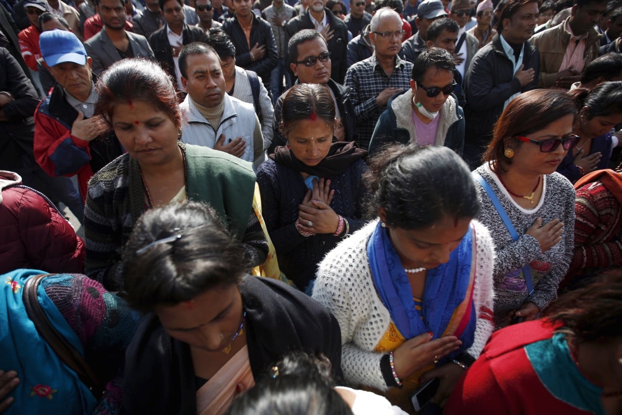 Supporters of Madhesi groups observe minutes of silence in memory of people killed in the Madhesh protests in Kathmandu, Nepal, 23 November 2015, REUTERS/Navesh Chitrakar