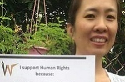 Nguyen Ngnoc Nhu Quynh (Mother Mushroom) holds a sign attesting to her support of Human Rights, 28 March 2017, U.S. Department of State/Wikimedia Commons
