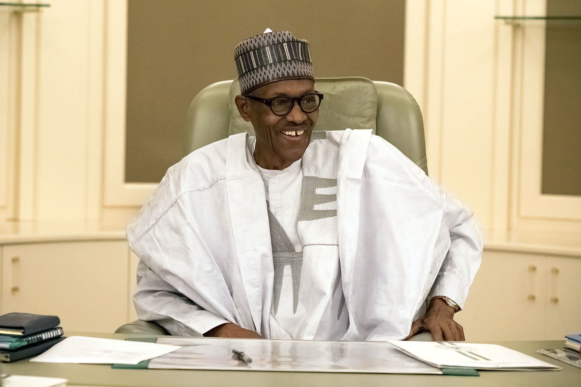 Nigeria's President Muhammadu Buhari sits in his office at the presidential palace in Abuja, Nigeria, 13 March 2017, Sunday Aghaeze/Nigeria State House via AP