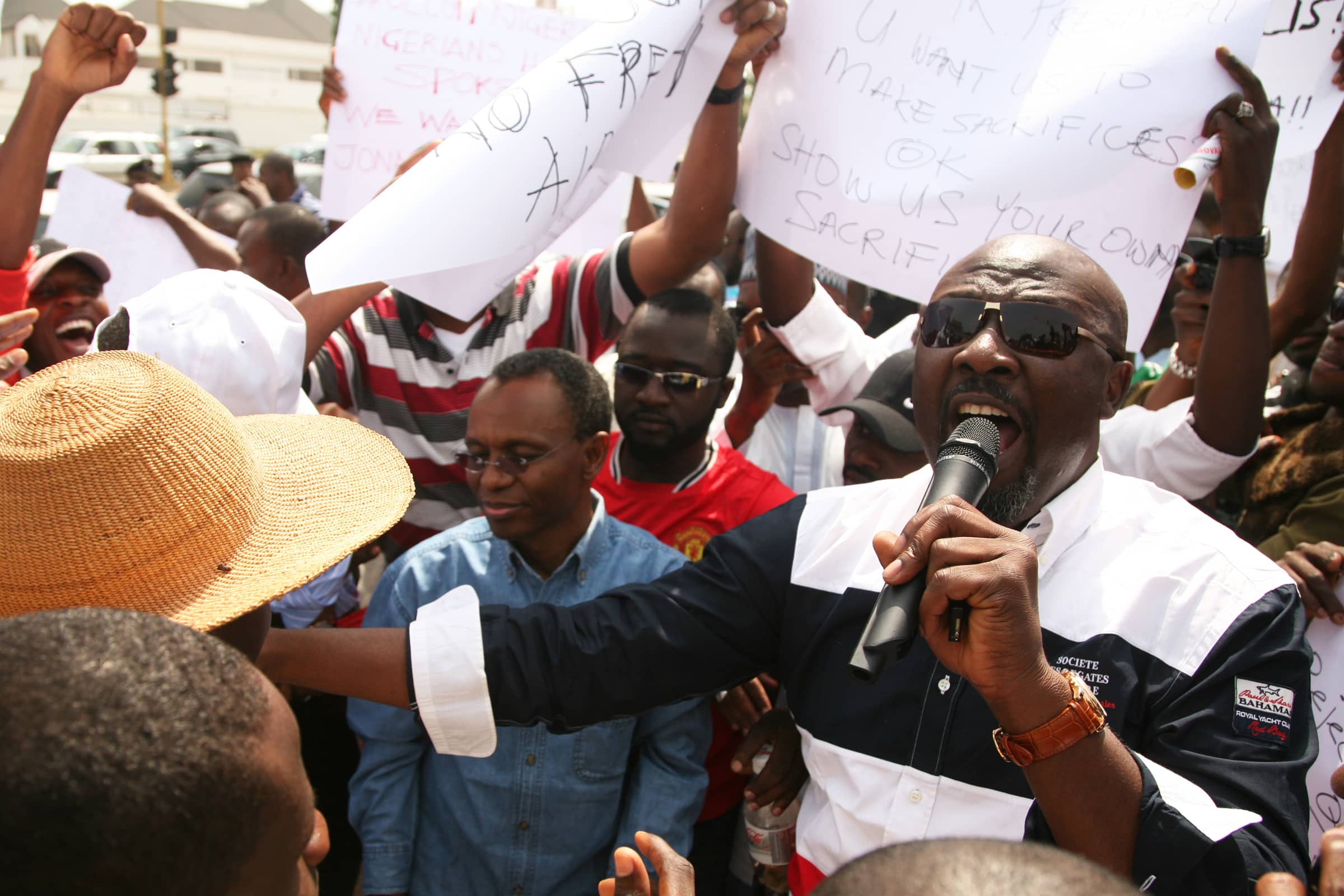 Former House of Representatives member Dino Melaye addresses youths protesting against the removal of fuel subsidies by the Nigerian government, 6 January 2012., Ayemoba Godswill/Demotix
