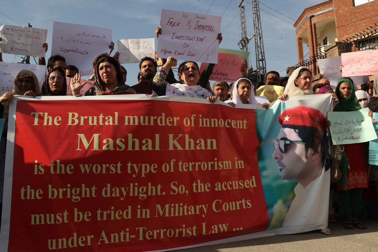 Activists protest against the killing of student Mashal Khan in Peshawar, Pakistan, 14 April 2017, AP Photo/Muhammad Sajjad