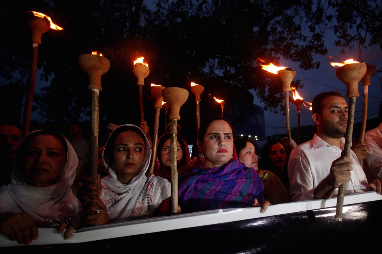 People gather to condemn the killing of university student Mashal Khan during a protest in Peshawar, Pakistan, 20 April 2017, REUTERS/Fayaz Aziz