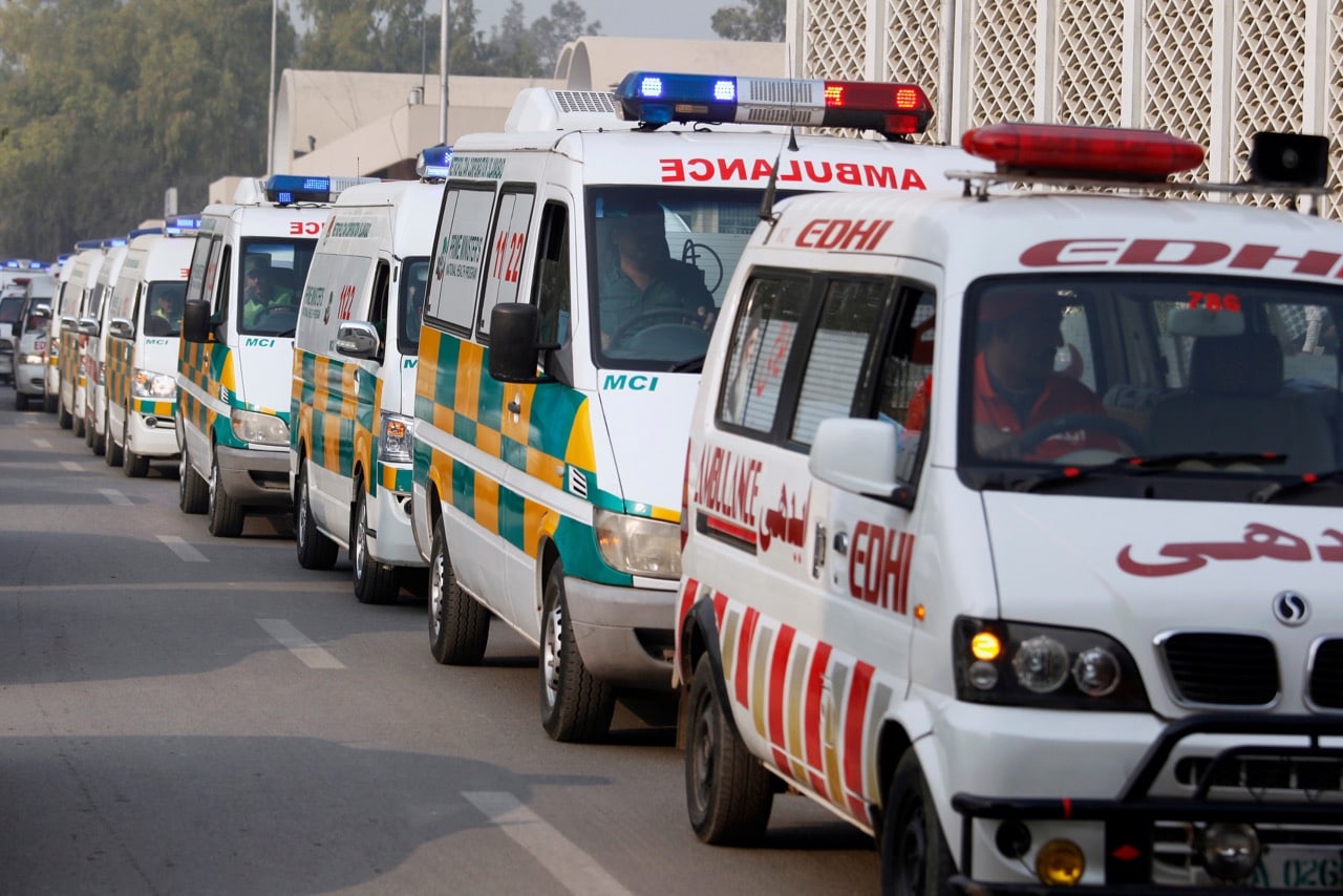 Ambulances queue at a local hospital in Islamabad, Pakistan, 8 December 2016, AP Photo/Anjum Naveed