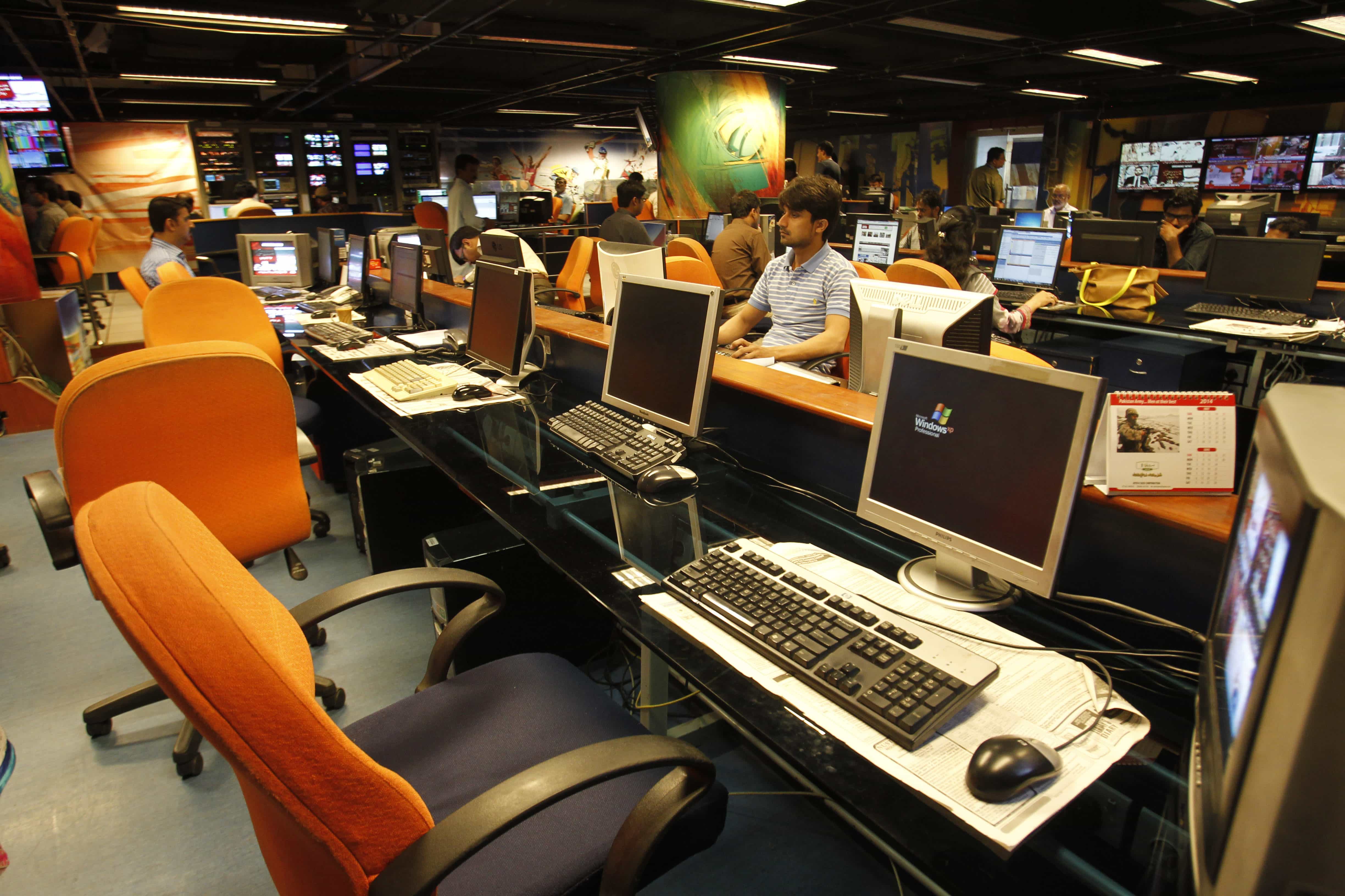 June 2014 file photo of the control room of GEO News television in Karachi, AP Photo/Fareed Khan