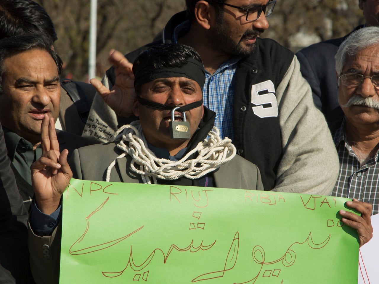 On 13 February 2017, journalists in Islamabad protest the previous day's attack in Karachi on Samaa TV and the death of Taimoor Abbas, AP Photo/B.K. Bangash