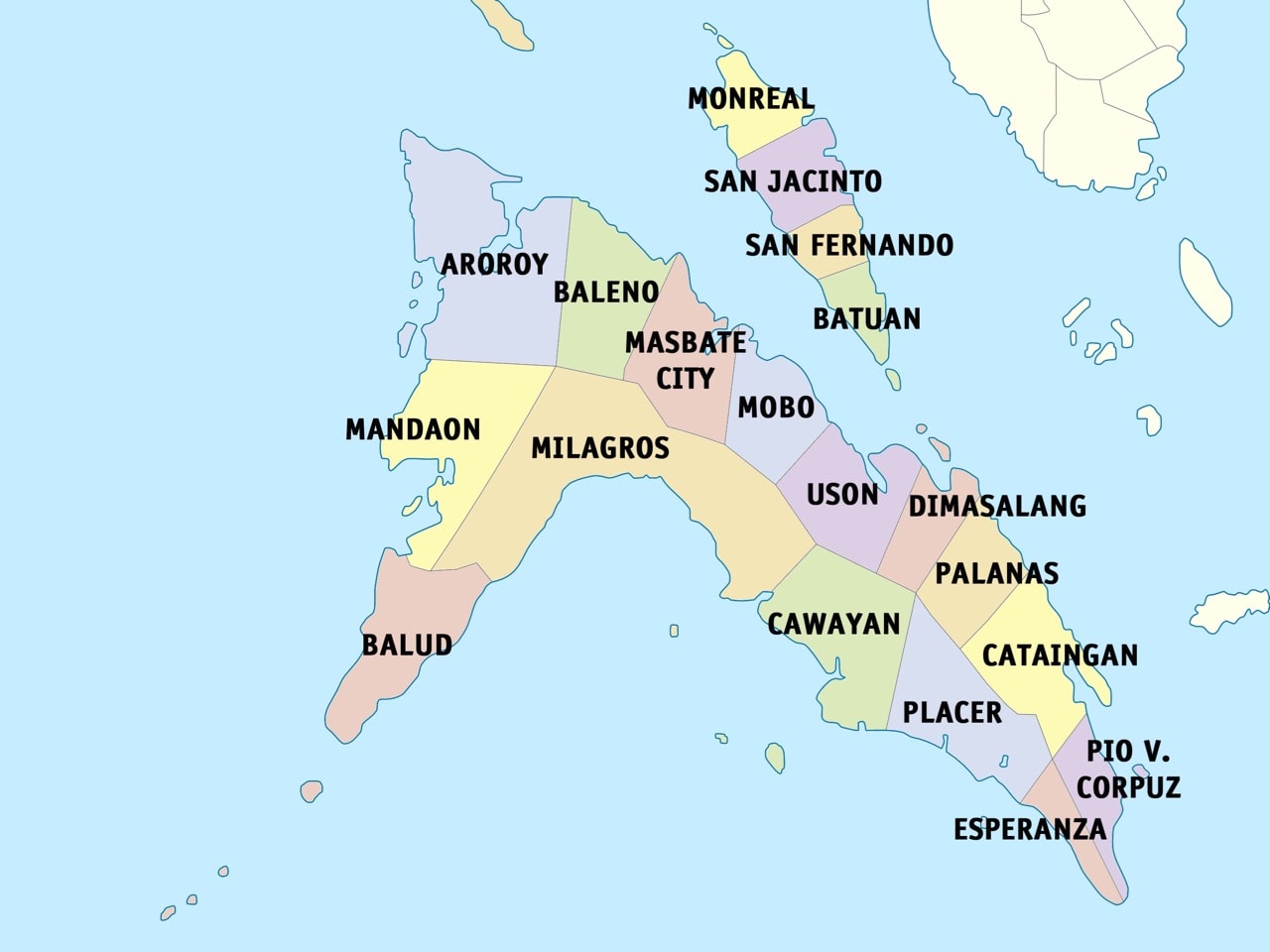 Map of Masbate island, showing the Milagros municipality, Roel Balingir/Wikimedia, CC BY-SA 3.0