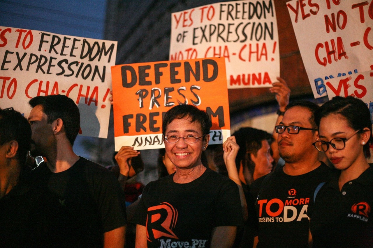 Filipino journalist and "Rappler" CEO Maria Ressa takes part in a protest calling for press freedom in Manila, 19 January 2018, Richard James Mendoza/NurPhoto via Getty Images