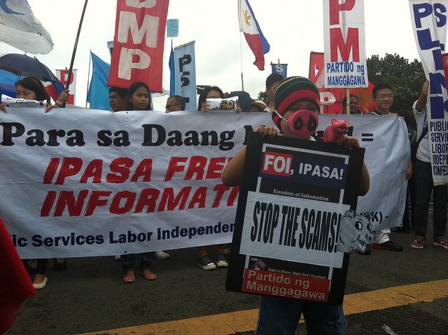 During a protest against government corruption held in Metro Manila on 26 August 2013, demonstrators call for the passing of a Freedom of Information law, CMFR