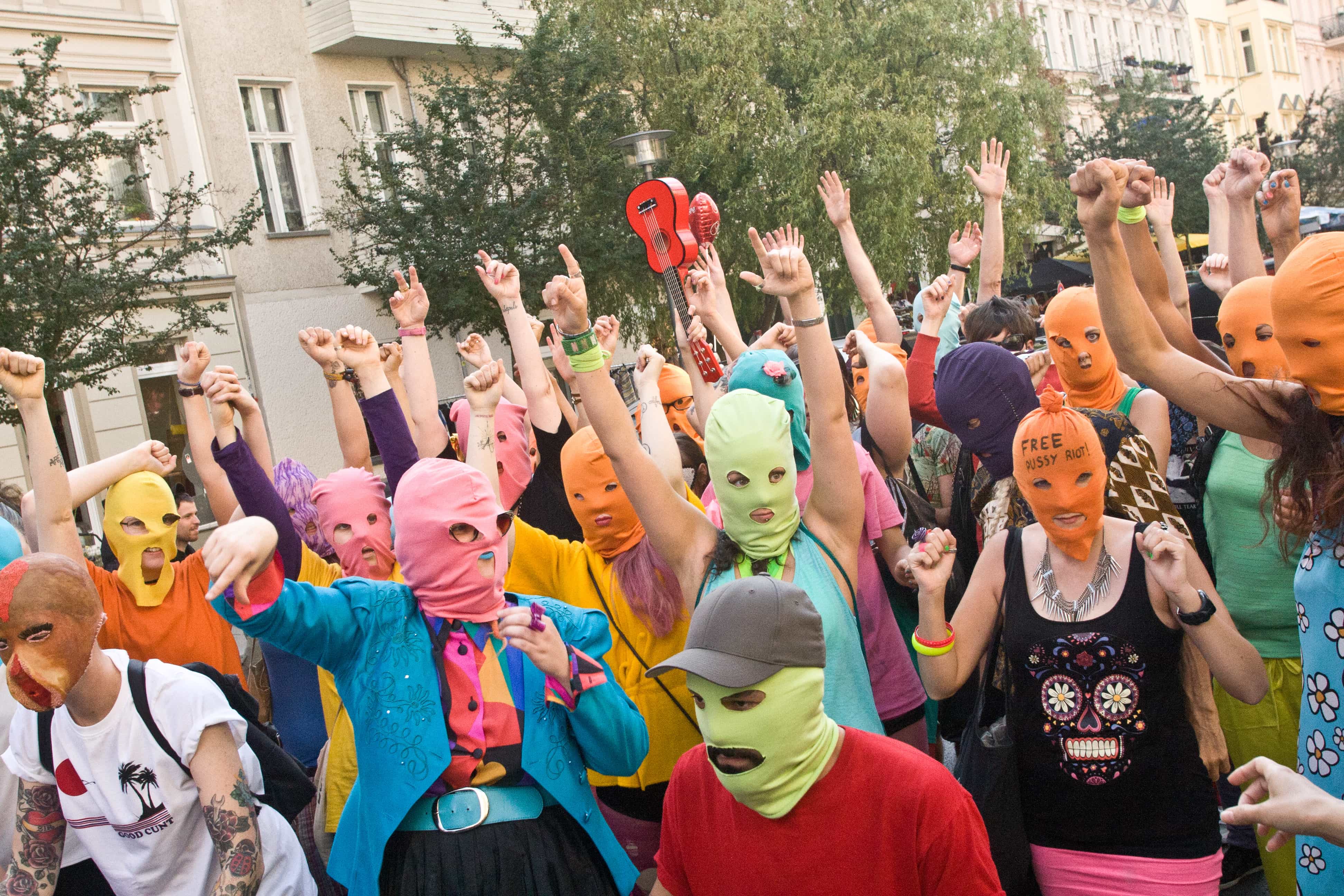 150 people gather in Berlin Prenzlauer Berg for a "Free Pussy Riot" protest video in August 2012., Demotix/Theo Schneider