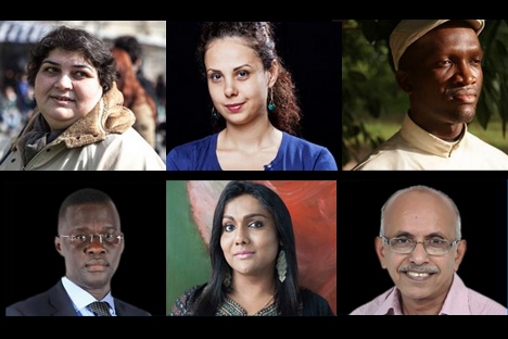 Top (left to right): Khadija Ismayilova (Azerbaijan), Yara Bader (Syria), Father Bernard Kinvi (CAR). Bottom: Nicholas Opiyo (Uganda), Nisha Ayub (Malaysia), Dr. M.R. Rajagopal (India), © Jahangir Yusif, Francesca Leonardi (Internazionale), 2014 Human Rights Watch, 2015 Rebecca Vassie, 2015 Nisha Ayub, Paramount Color Lab, Ulloor, Trivandrum