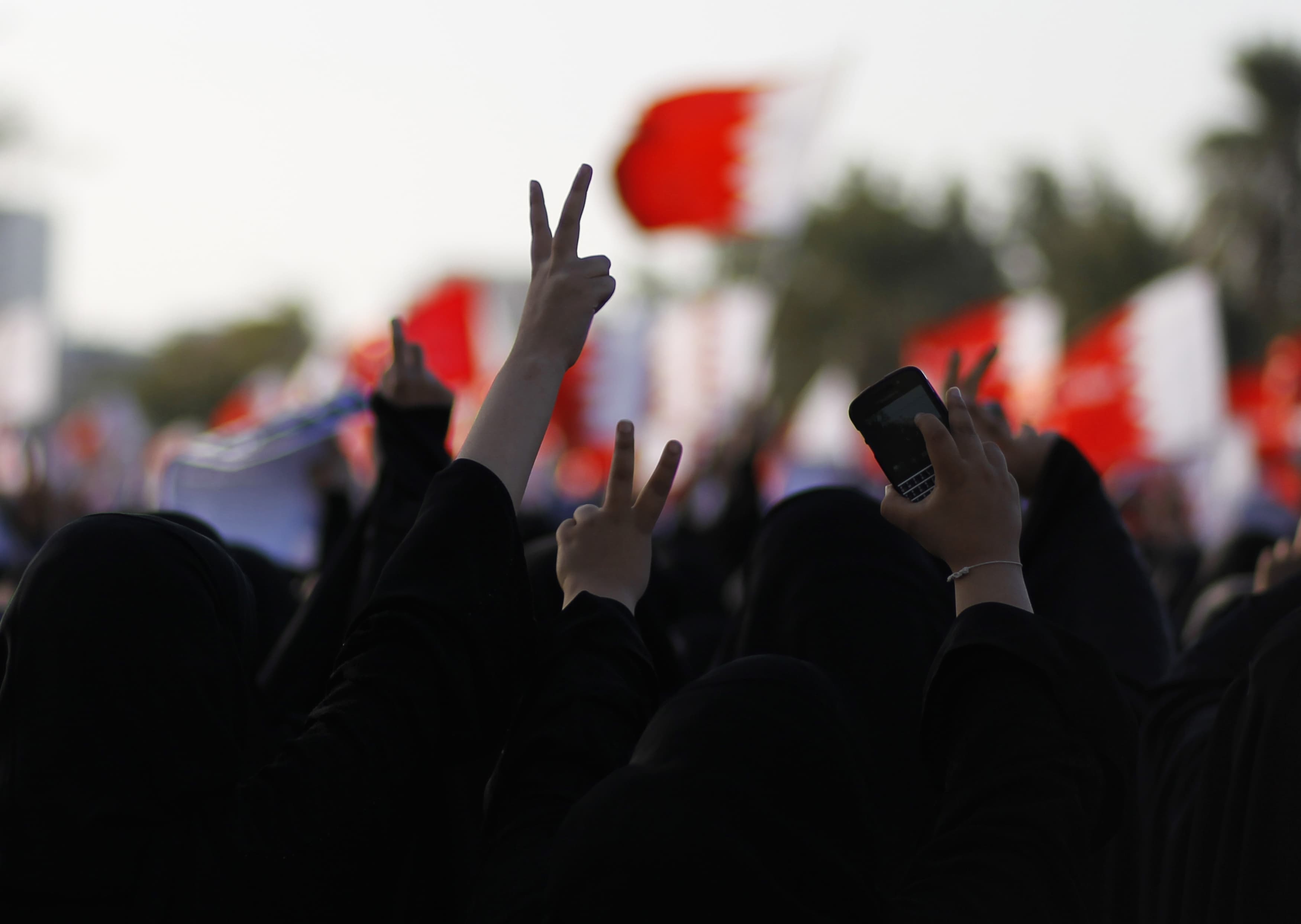 Mourners hold Bahraini flags and flash the victory sign as they march during the funeral procession for Asma Hussain, in the village of Jid Al Haj, west of Manama, February 12, 2014, REUTERS/Hamad I Mohammed