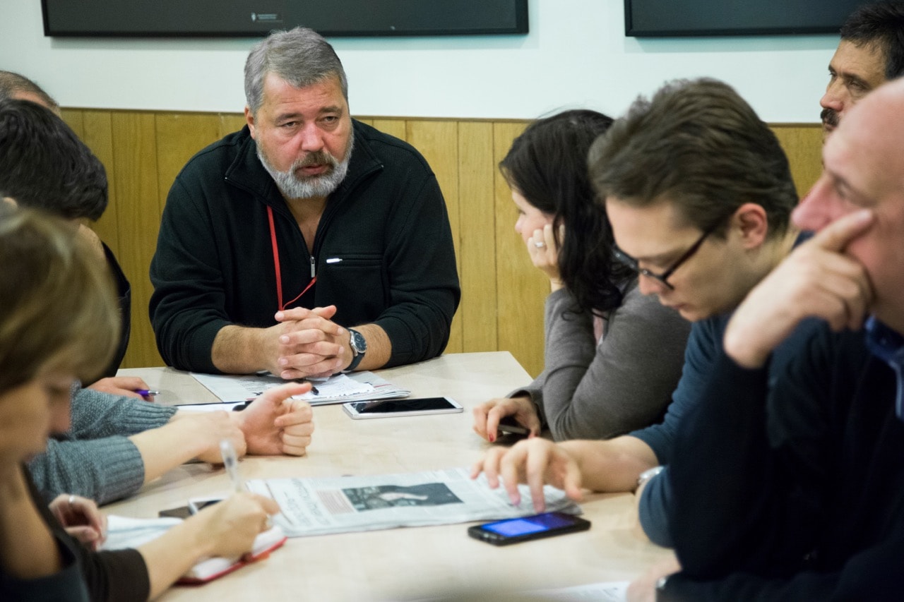 Dmitry Muratov, the editor of Novaya Gazeta, center left, attends a planning meeting with the editorial board in Moscow, Russia, 9 October 2015, AP Photo/Alexander Zemlianichenko