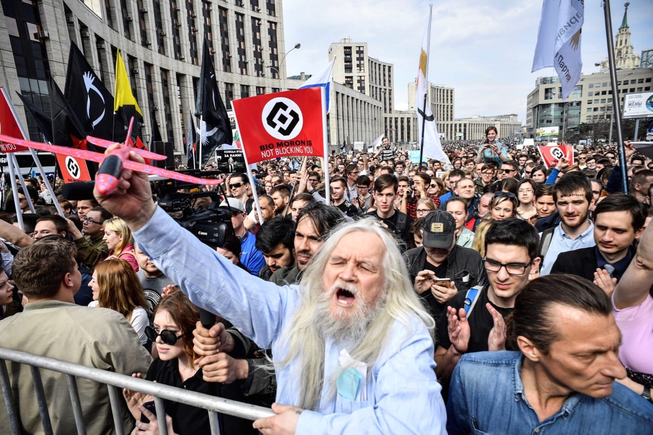 People attend an opposition rally in central Moscow on 30 April 2018, to demand internet freedom in Russia, ALEXANDER NEMENOV/AFP/Getty Images