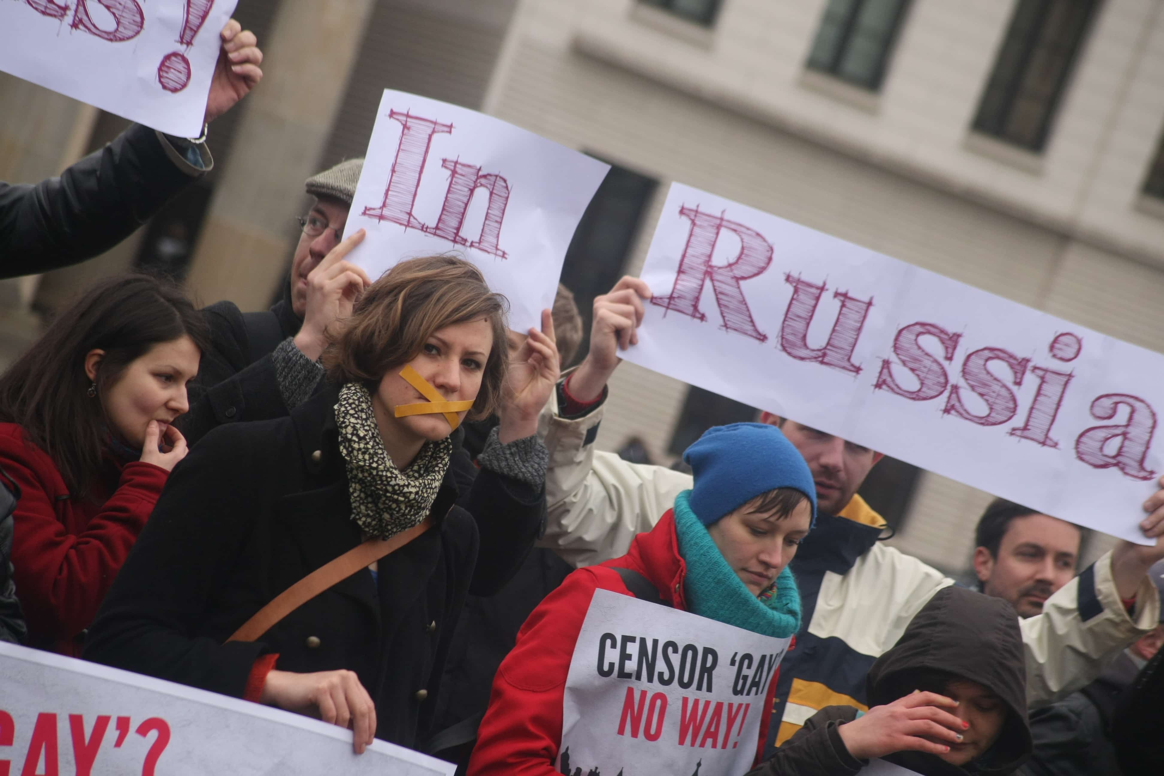 Activists in Berlin, Germany, show their opposition to a bill proposing a ban on 'homosexual propaganda' in Russia., Theo Schneider/Demotix
