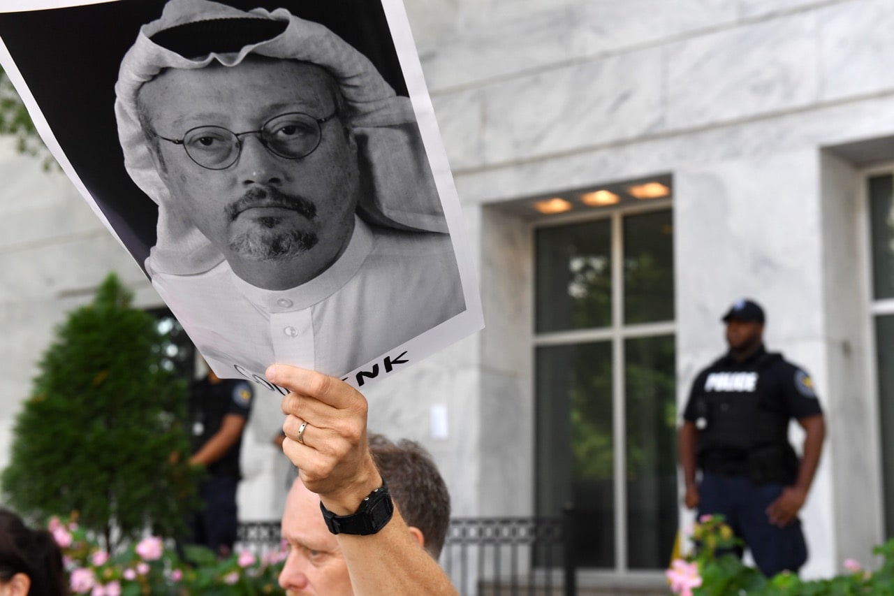 A protest against the disappearance of "Washington Post" journalist Jamal Khashoggi outside the Embassy of Saudi Arabia in Washington, DC, 10 October 2018, Matt McClain/The Washington Post via Getty Images