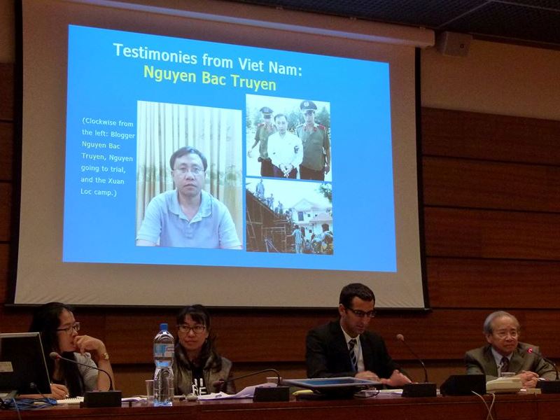 On 11 September 2013, Ramana Sorn of CCHR (far left) joins other participants on a panel in Geneva on "Criminalisation of Legitimate Expression on the Internet: Testimonies from Viet Nam, Thailand and Cambodia", English PEN