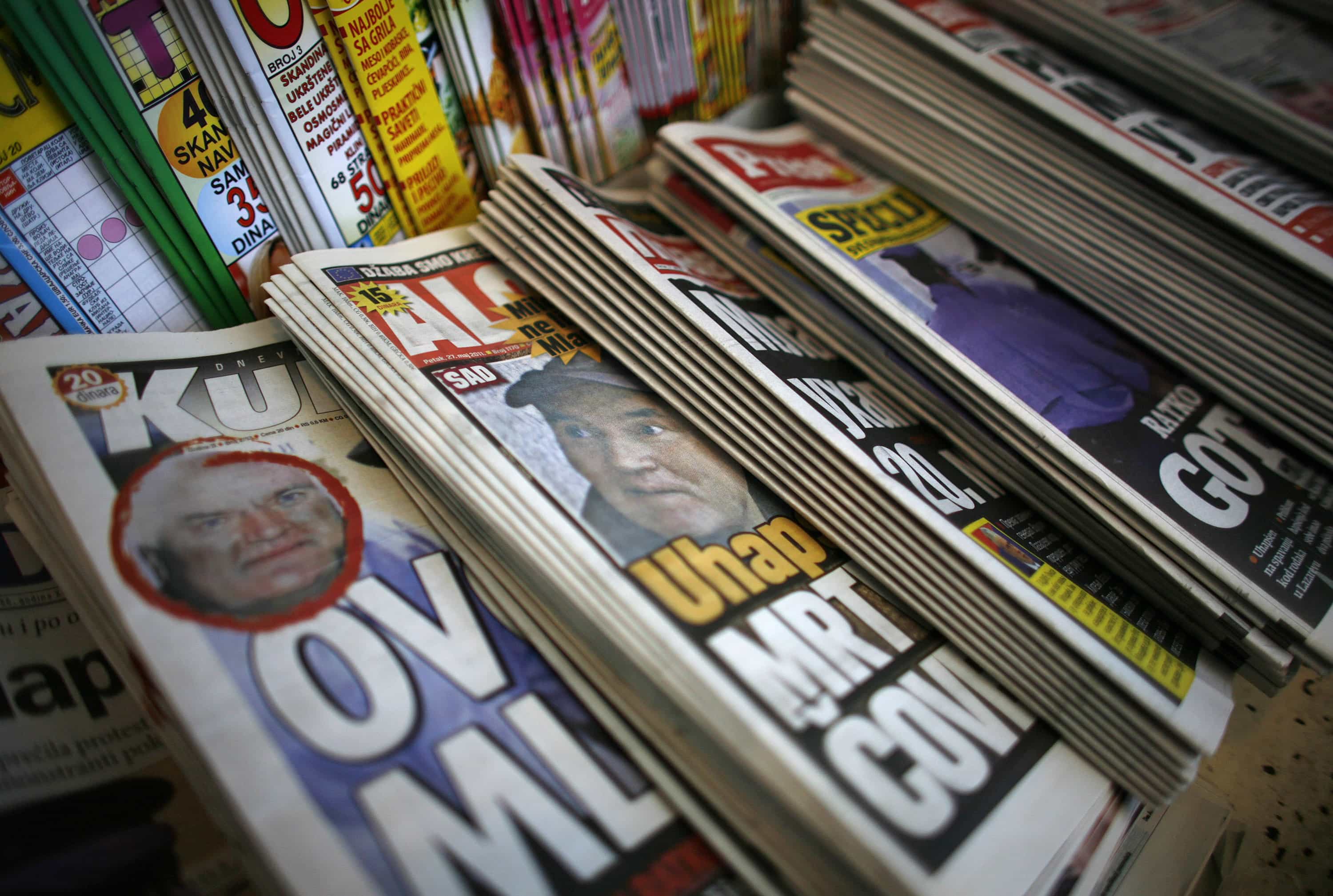 Newspapers with front pages reporting the arrest of Bosnian Serb wartime general Ratko Mladic, are displayed for sale at kiosk in central Belgrade, 27 May 27, 2011, REUTERS/Stoyan Nenov