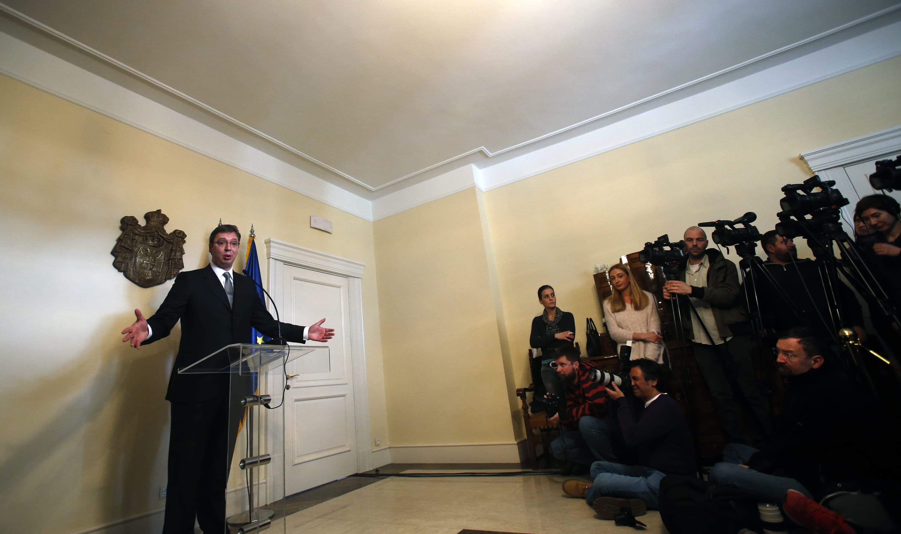 Serbia’s Prime Minister Aleksandar Vucic speaks and gestures during a press conference to announce the yearly results of the Government in Belgrade, 14 January 2016, AP Photo/Darko Vojinovic