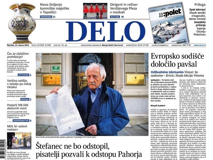 The photo of a 2014 issue of Delo newspaper. In 2011, Delo journalist Anuška Delić published an exposé that revealed links between a neo-Nazi group and members of the Slovenian Democratic Party, Bradford Timeline/Flickr/Creative Commons license http://bit.ly/1Ftrm7T
