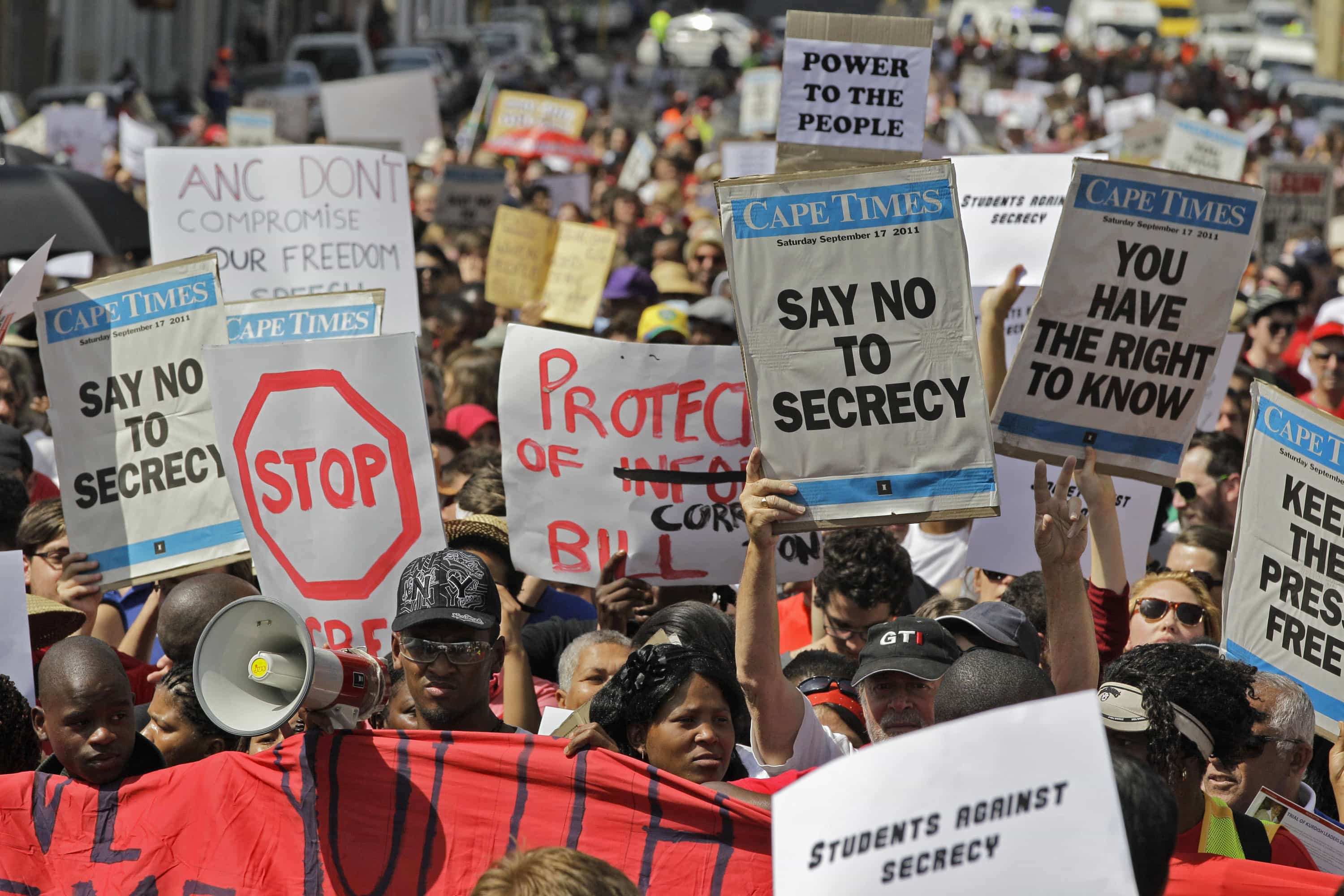 People protest against the Protection of Information Bill in the city of Cape Town, South Africa, Saturday, Sept 17, 2011 during a march to Parliament. , AP Photo/Schalk van Zuydam