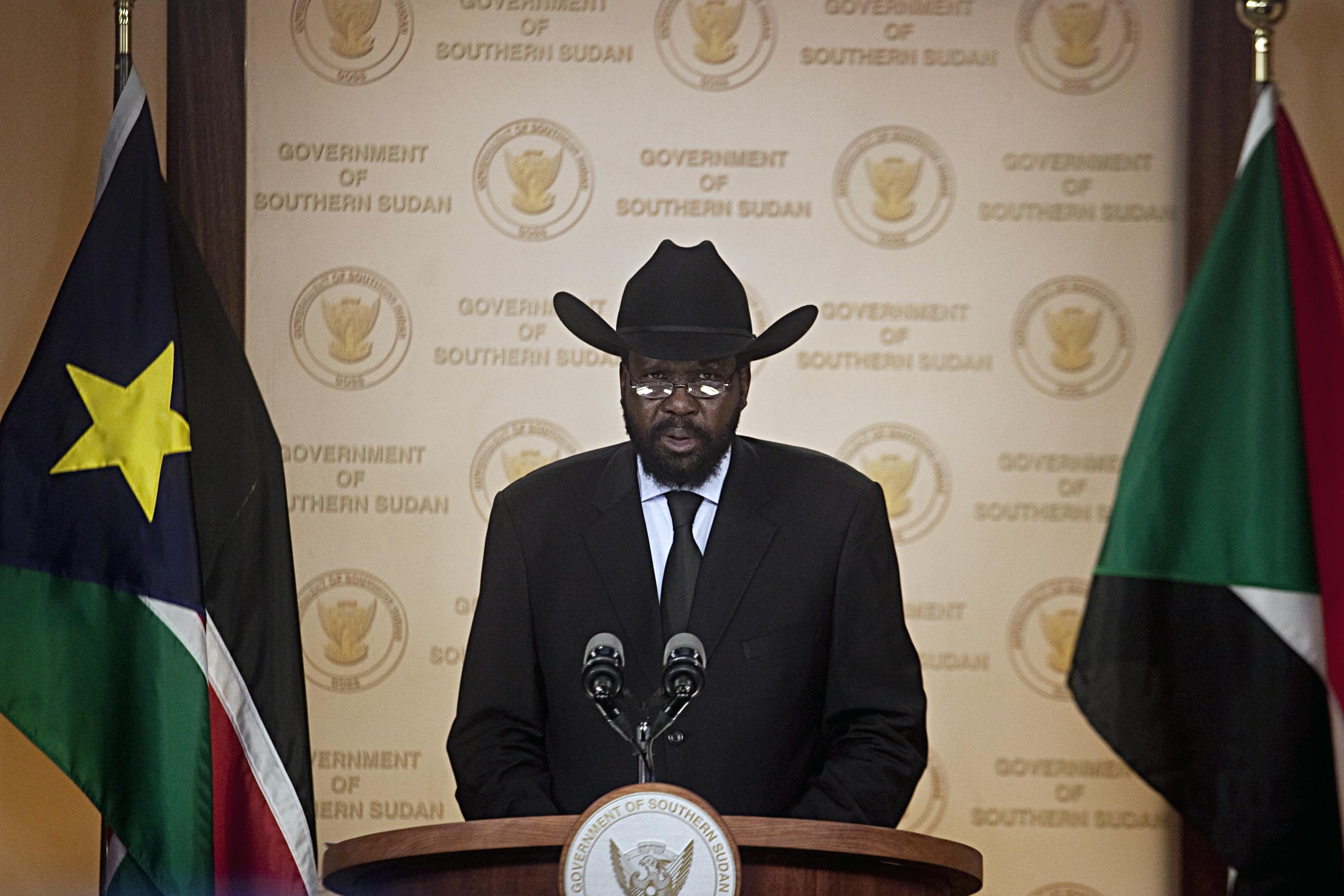 Salva Kiir Mayardit, current President of South Sudan, outlines a multipoint plan for development in the lead up to and after independence in Juba, 8 February 2011., AP Photo/Pete Muller