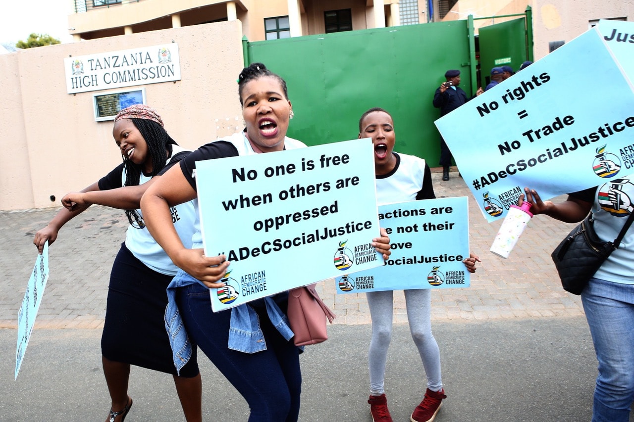 South African members of the LGBTQI community protest Tanzania's treatment of the community, outside the Tanzania High Commission in Pretoria, 26 November 2018, PHILL MAGAKOE/AFP/Getty Images