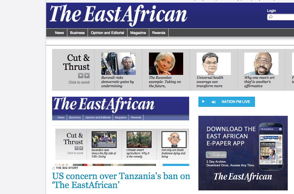 The home page of The East African's website, whose print version has been banned from circulation in Tanzania., The East African