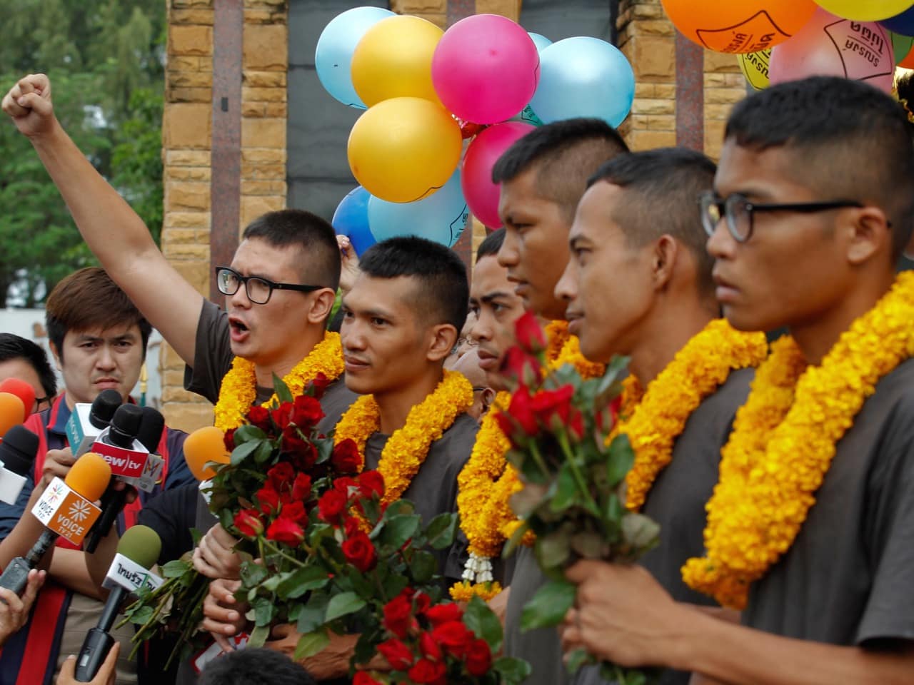 Six anti-constitutional referendum activists speak outside Bangkok's Remand Prison after a Thai military court ordered their release on bail, 6 July 2016, REUTERS/Chaiwat Subprasom